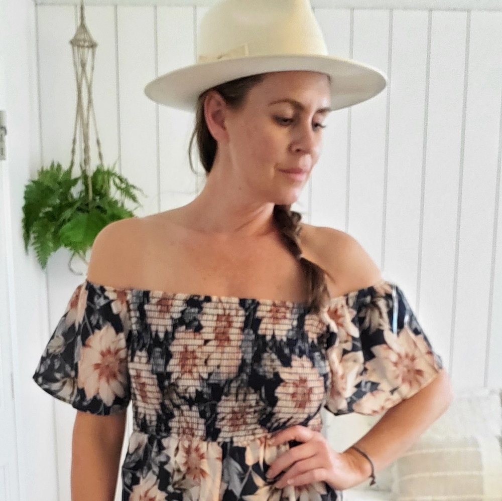 Pink Blush off the shoulder blue dress